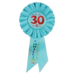 30 & Thrilling Blue Rosette with multi colored lettering and swirling designs  