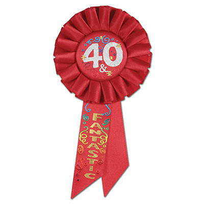 40 & Fantastic Red Rosette with silver and gold lettering and multi colored swirl designs 