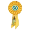 50 & Fabulous Yellow Rosette with multi colored lettering and swirling designs 