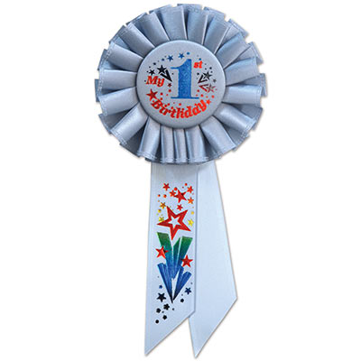 My 1st Birthday Light Blue Rosette with red, blue and green lettering and star designs 