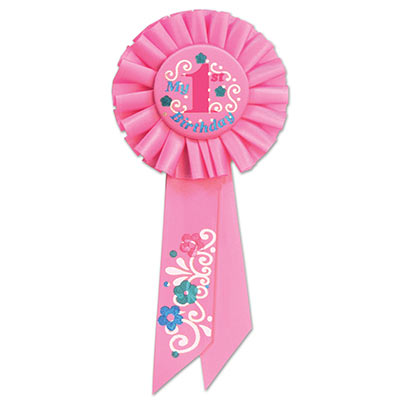 My 1st Birthday Pink Rosette with pink, blue and green lettering and flower/swirl designs 