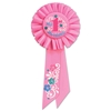 My 1st Birthday Pink Rosette with pink, blue and green lettering and flower/swirl designs 