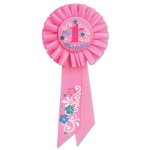 My 1st Birthday Pink Rosette with pink, blue and green lettering and flower/swirl designs 