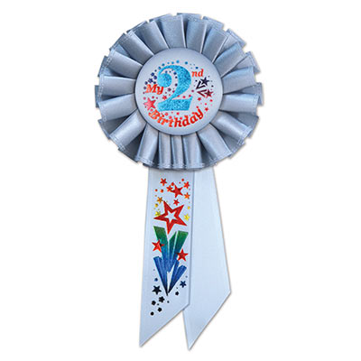My 2nd Birthday Light blue Rosette with multi colored lettering and star designs 