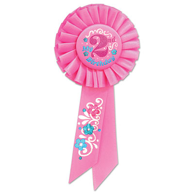 My 2nd Birthday Pink Rosette with pink, blue and green lettering and flower/swirl designs  
