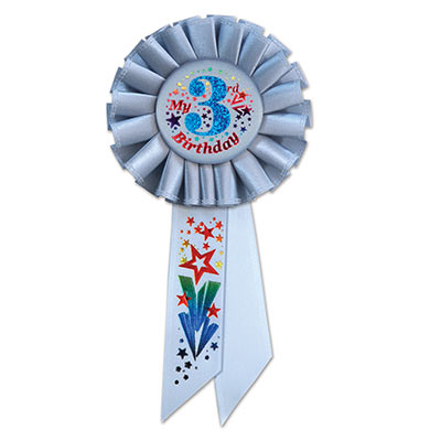 My 3rd Birthday Light Blue Rosette has red and blue metallic lettering and multi colored designs with stars