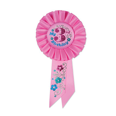 My 3rd Birthday Pink Rosette has dark pink and blue metallic lettering with flower and swirl designs 