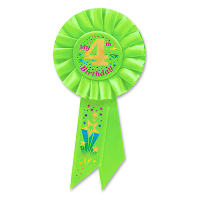 My 4th Birthday Lime Green Rosette has multi metallic colors of lettering and designs with stars 