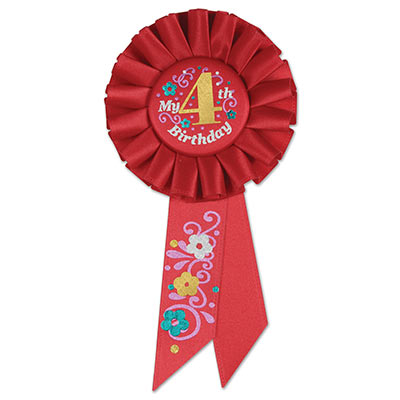 My 4th Birthday Red Rosette with gold and silver lettering with flowers/swirl designs 