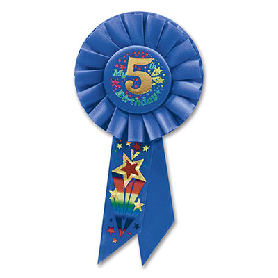 My 5th Birthday Blue Rosette with multi colors of metallic lettering and a shooting star design 