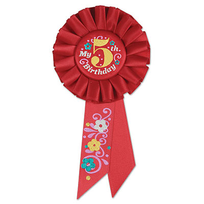 My 5th Birthday Red Rosette has multi colors of metallic lettering and flowers/swirl designs 
