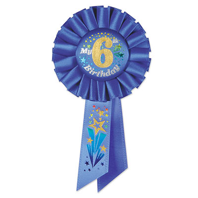 My 6th Birthday Blue Rosette with gold and silver metallic lettering and shooting star design 