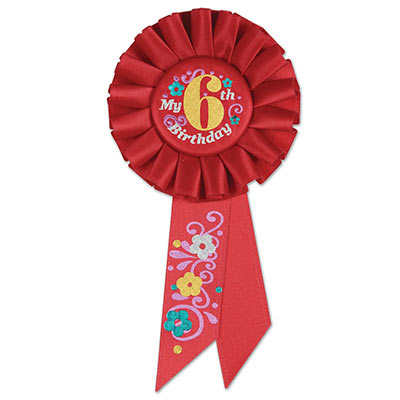 My 6th Birthday Red Rosette with gold and silver metallic lettering and flowers/swirl designs 