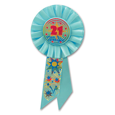 21 & Terrific Light Blue Rosette with rainbow of colors of metallic lettering and designs of stars/swirls 