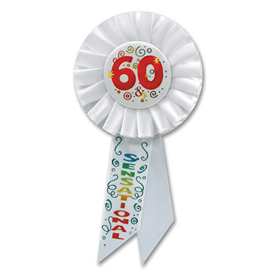 60 & Sensational White Rosette with multi colored metallic lettering and swirls 