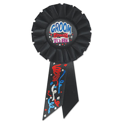 Groom To Be Black Rosette bold metallic lettering and streamer designs in red, blue and silver
