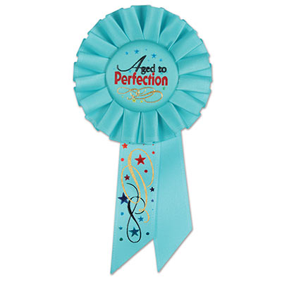 Aged To Perfection Light Blue Rosette with multi colors of metallic lettering and star/swirl designs 