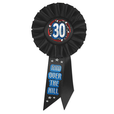 30 & Over The Hill Black Rosette with red, blue and silver metallic lettering and swirl/star designs 