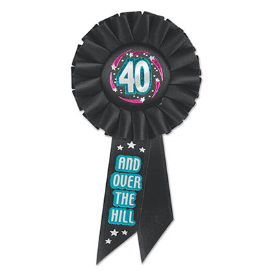 40 & Over The Hill Black Rosette with blue, pink and silver metallic lettering and swirl/star designs 