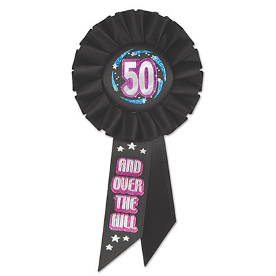 50 & Over The Hill Black Rosette with pink, blue and silver metallic lettering and swirl/star designs 