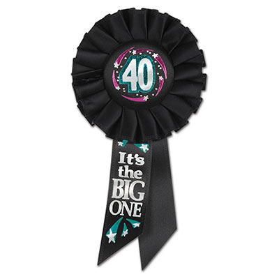 40 Its The Big One Black Rosette with bold silver metallic lettering and pink, blue and silver shooting star designs 