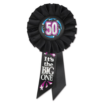 50 Its The Big One Black Rosette with bold silver metallic lettering and purple, blue and silver shooting star designs 