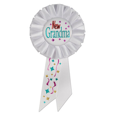 New Grandma White Rosette with red and blue metallic lettering and multi colors of streamers, stars and diamonds 