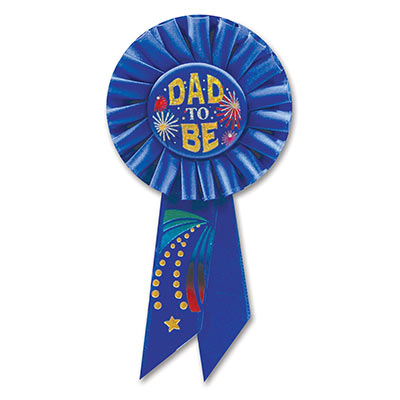 Dad To Be Blue Rosette with bold gold metallic lettering and star designs 