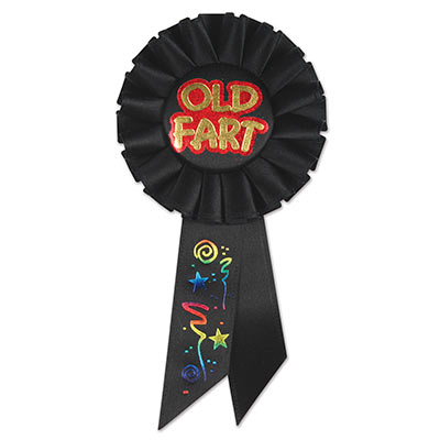 Old Fart Black Rosette with bold gold metallic lettering outlined in red with multi colored designs 