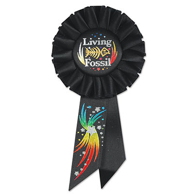 Living Fossil Black Rosette with silver metallic lettering and multi colors of designs with silver stars