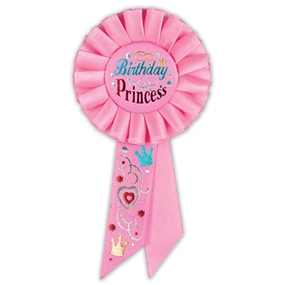 Birthday Princess Pink Rosette with fancy metallic lettering and hearts, swirls, crowns and star designs  