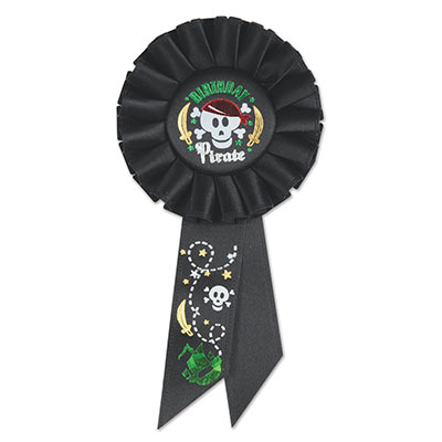 Birthday Pirate Black Rosette with a skull/swords and pirate images in green, gold and red