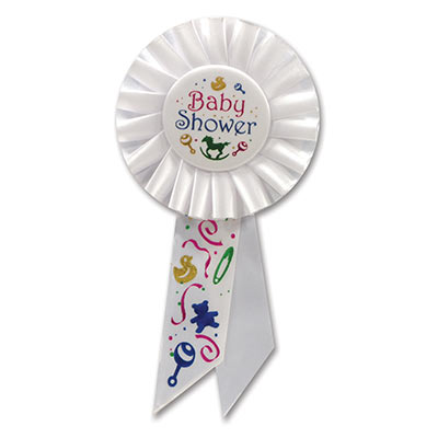 Baby Shower White Rosette with multi colors of lettering, baby images and designs 