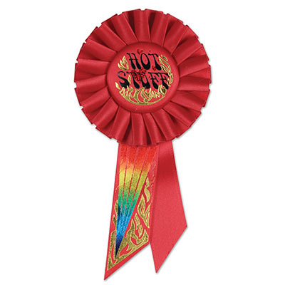 Hot Stuff Red Rosette with black lettering and gold flames designs 
