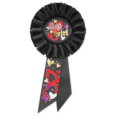 Bad Girl Black Rosette with bold silver and gold lettering red, purple, and white hearts