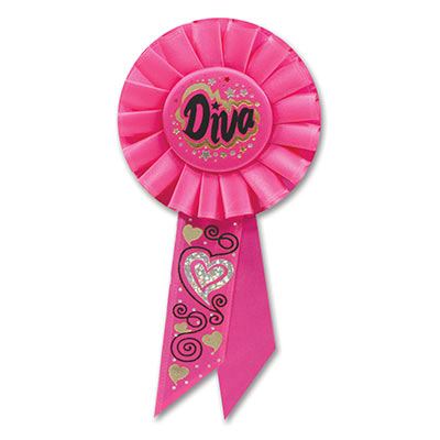 Diva Pink Rosette with fancy black lettering outlined in gold with hearts/swirl designs 