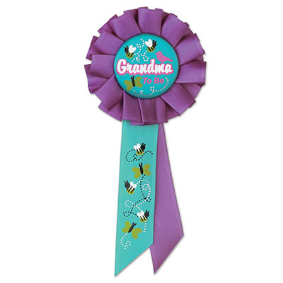 Grandma To Be Purple and Teal Rosette with white bold lettering and bee/butterfly designs 