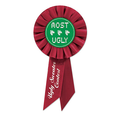Ugly Sweater Red Rosette with fancy white lettering for an ugly sweater contest 