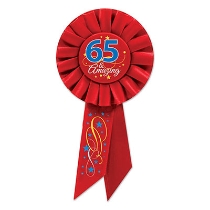 65 & Amazing Red Rosette with bold lettering and swirl/stars designs 