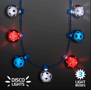 Necklace with red, white and blue disco balls that lights up.
