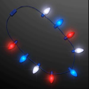 Necklace with red, white and blue light bulbs that lights up.