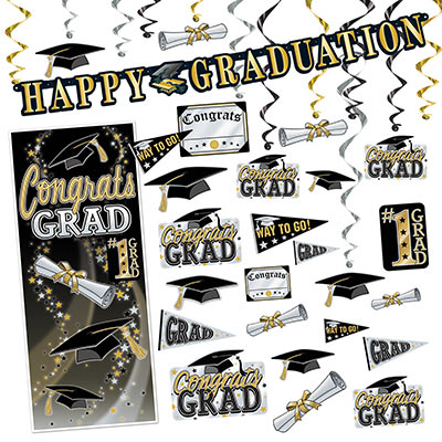 Graduation Party Kit (Pack of 1) Graduation Party Kit, graduation, party kit, whirls, cutout, door cover, streamer, happy graduation, classroom, decoration, wholesale, inexpensive, bulk