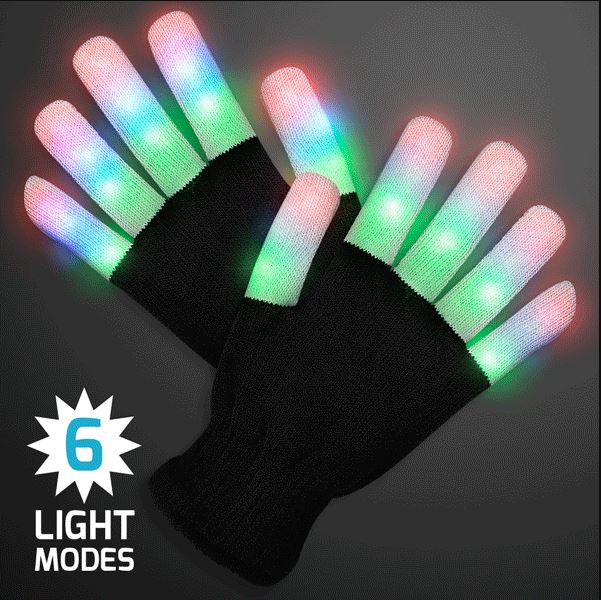 Stripe light fingers LED glow gloves that lights up in red, blue and green.