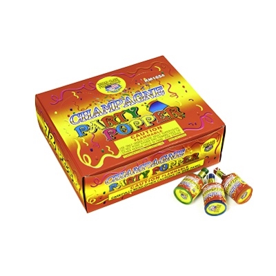 a box of party popper with a couple poppers laying along side of the box